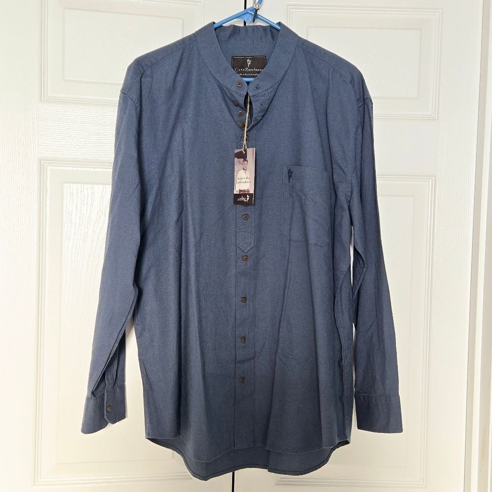 Celtic Ranchwear Blue Button Up Collarless Shirt Size Men's Large Long Sleeve